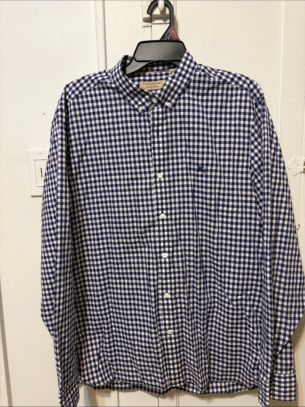 Burberry Navy and White Gingham Button-Down Shirt